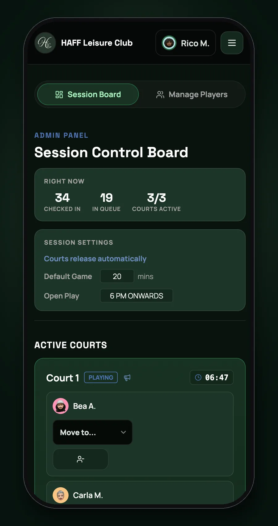 Session control board screen