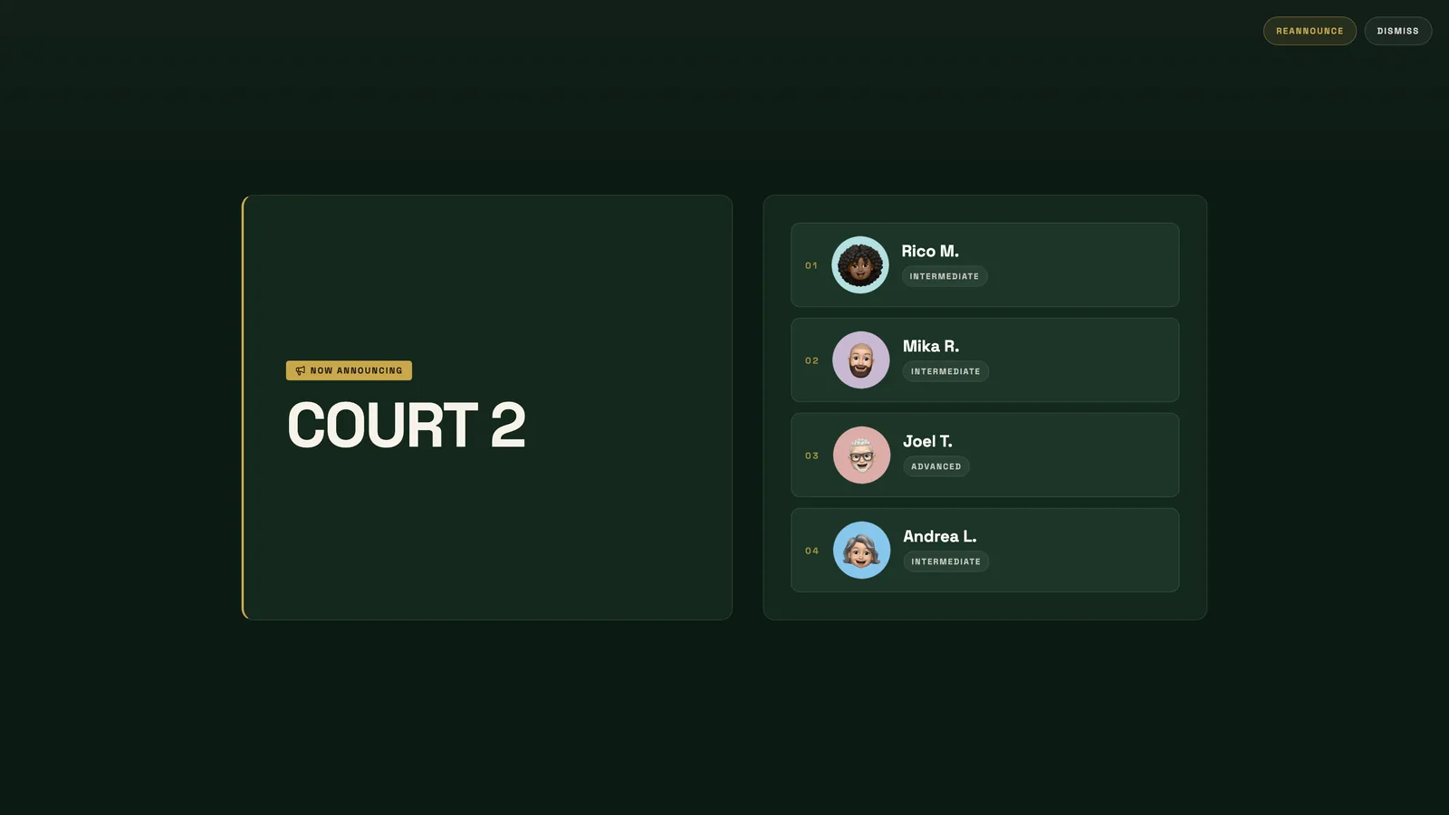 Courts called by name screen