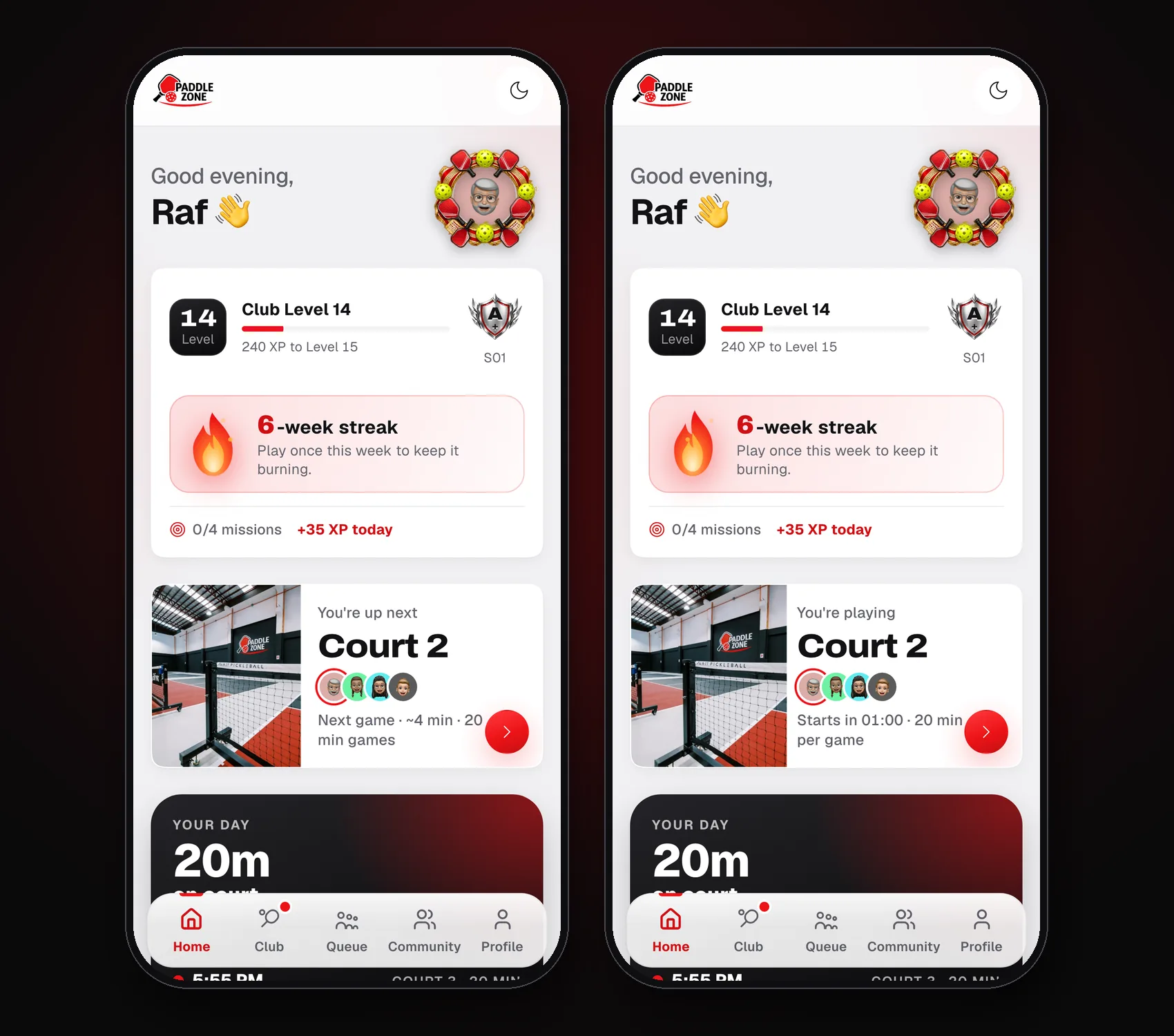 Level, streak and court calls screen