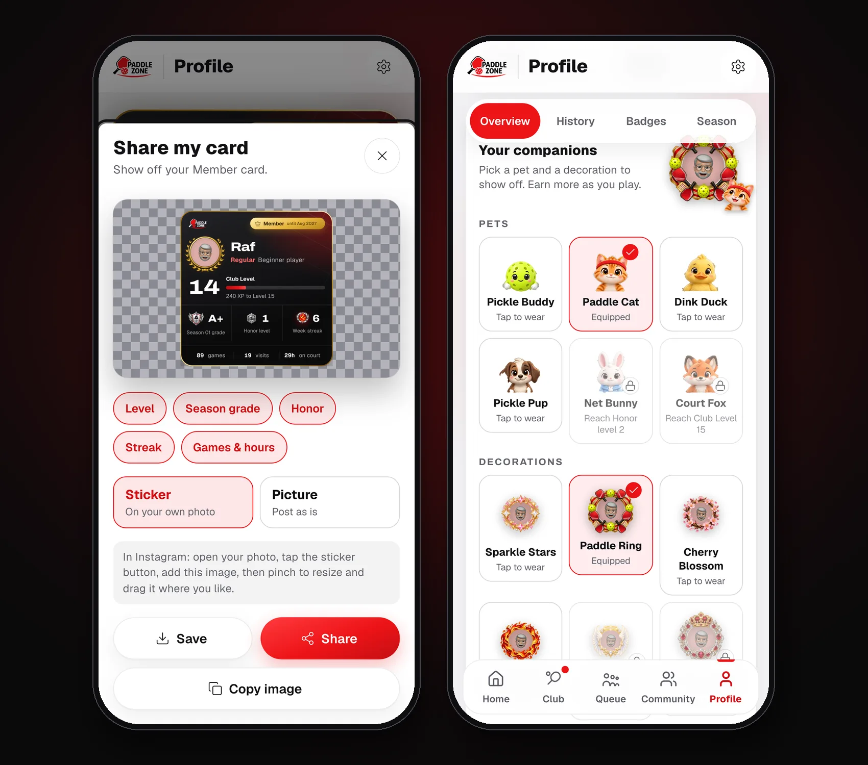 Share cards, pets and rings screen